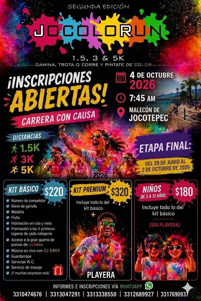 Póster oficial JOCOLORUN 2026 con precios y datos del evento